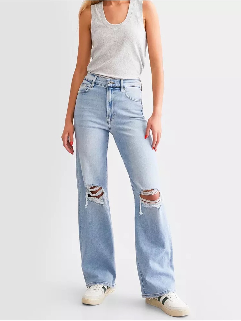 Logan Dad Stretch High-Rise Light Blue Distressed Wide Leg Jeans